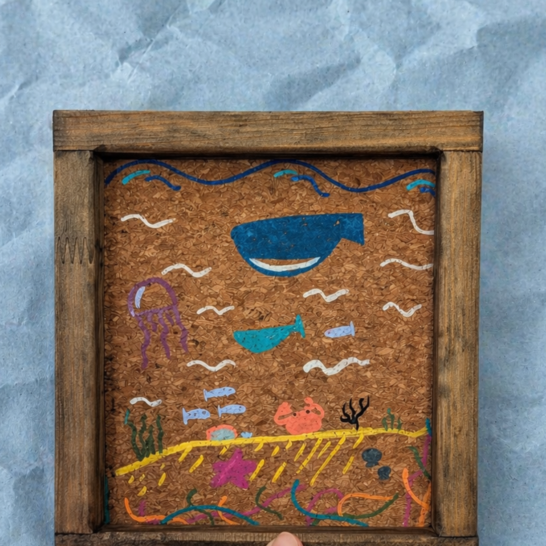 Bandeja vaciabolsillos hecha a mano por Siete Maderas en Málaga. De madera con ilustraciones pintadas a mano marinas de ballenas y medusas sobre corcho natural.