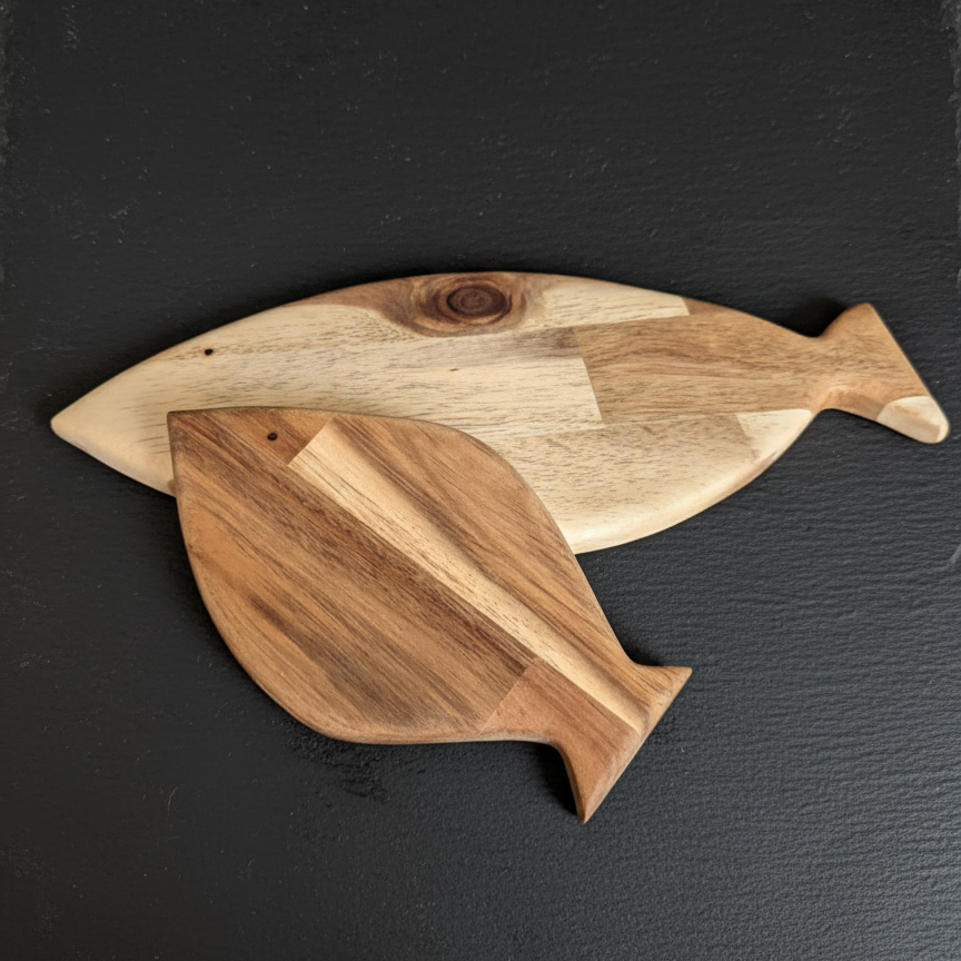 Conjunto para sushi oceano hecho a mano por siete maderas. Cuenco hecho por ayla atelier. Tablas en forma de pez de madera.