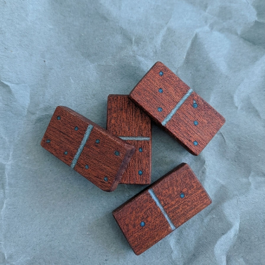 Domino de madera de iroko y resina azul hecho a mano por Siete Maderas en su taller de Málaga.