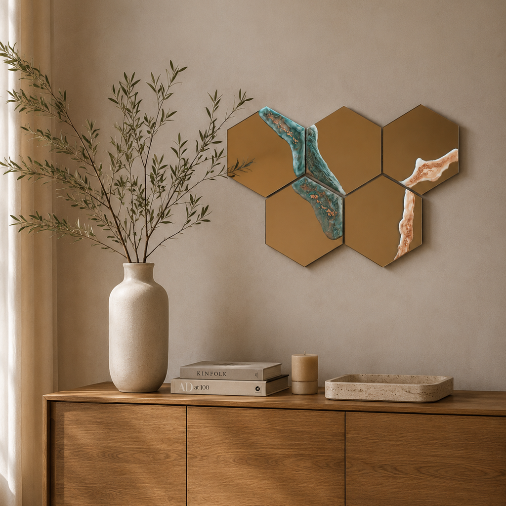 Espejo hexagonal, pack de 5 espejos, de color ocre con detalles en cobre, verde y blanco con detalles en papel cobre. Creado por Siete Maderas con resina, diseño único.