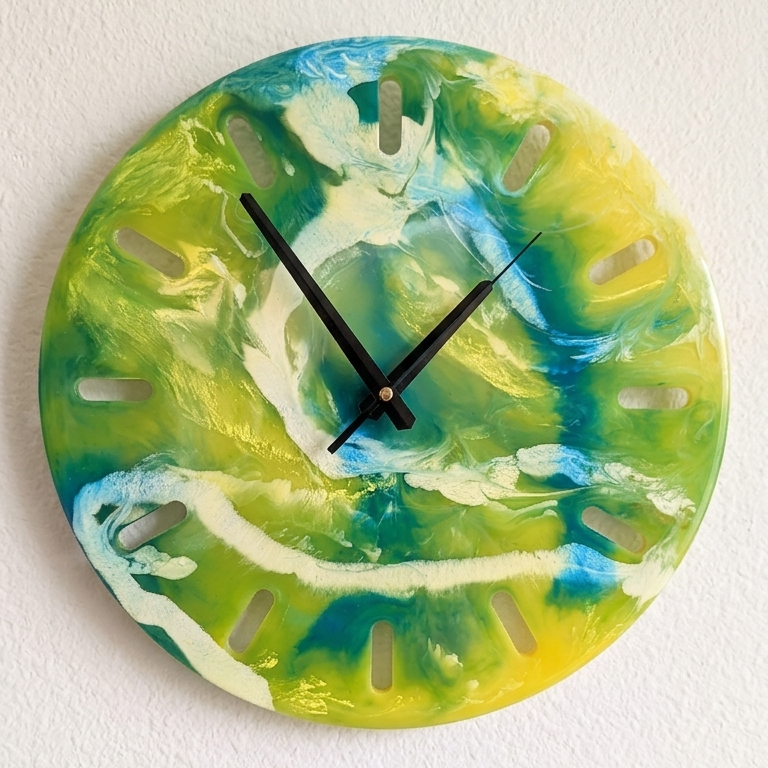 Reloj Eléctrico hecho en resina epoxy en amarillo, blanco, verde y azul. Hecho a mano por Siete Maderas, colección Iris.