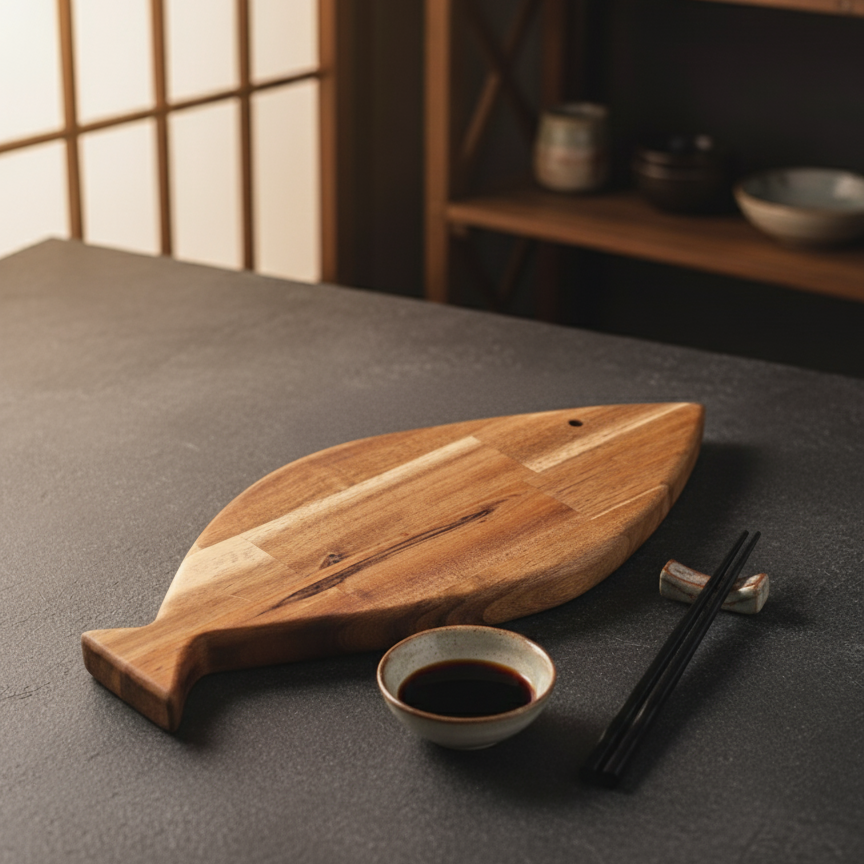 Tabla de servir sushi con forma de pez hecha a mano por Siete Maderas