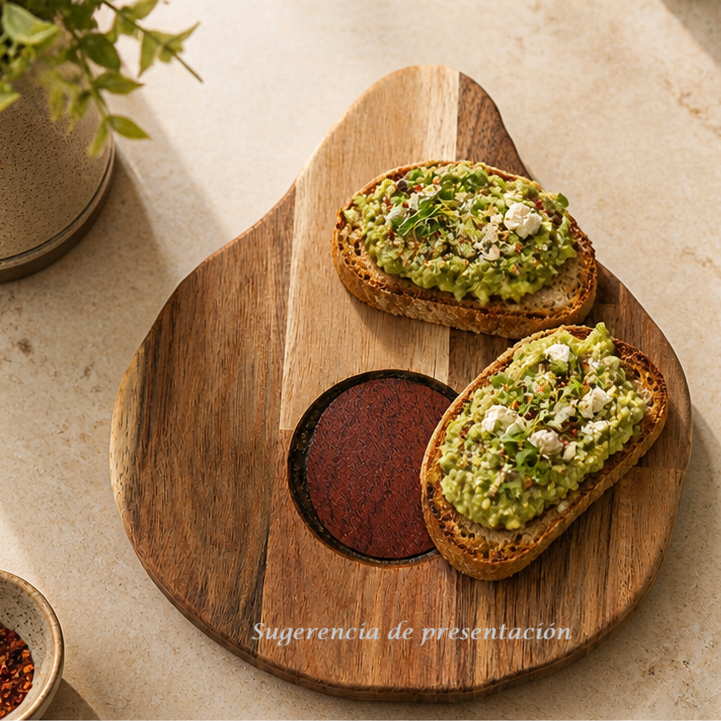 Sugerencia de presentacin de tabla de servir con forma de aguacate hecha a mano en madera por Siete Maderas.