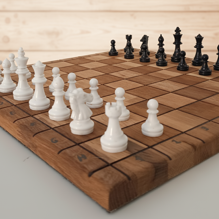 Ejemplo de tablero de ajedrez hecho a medida por Siete Maderas en madera y resina. Fichas hechas en resina. Todo a mano.