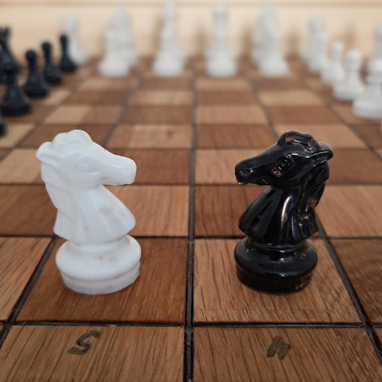 Ejemplo de tablero de ajedrez hecho a medida por Siete Maderas en madera y resina. Fichas hechas en resina. Todo a mano.