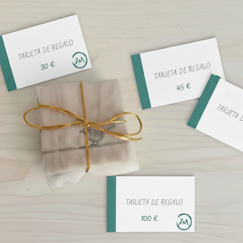Tarjetas regalo de Siete Maderas para productos de la web o talleres creativos en Málaga. Valor de 30, 45 o 100 euros.