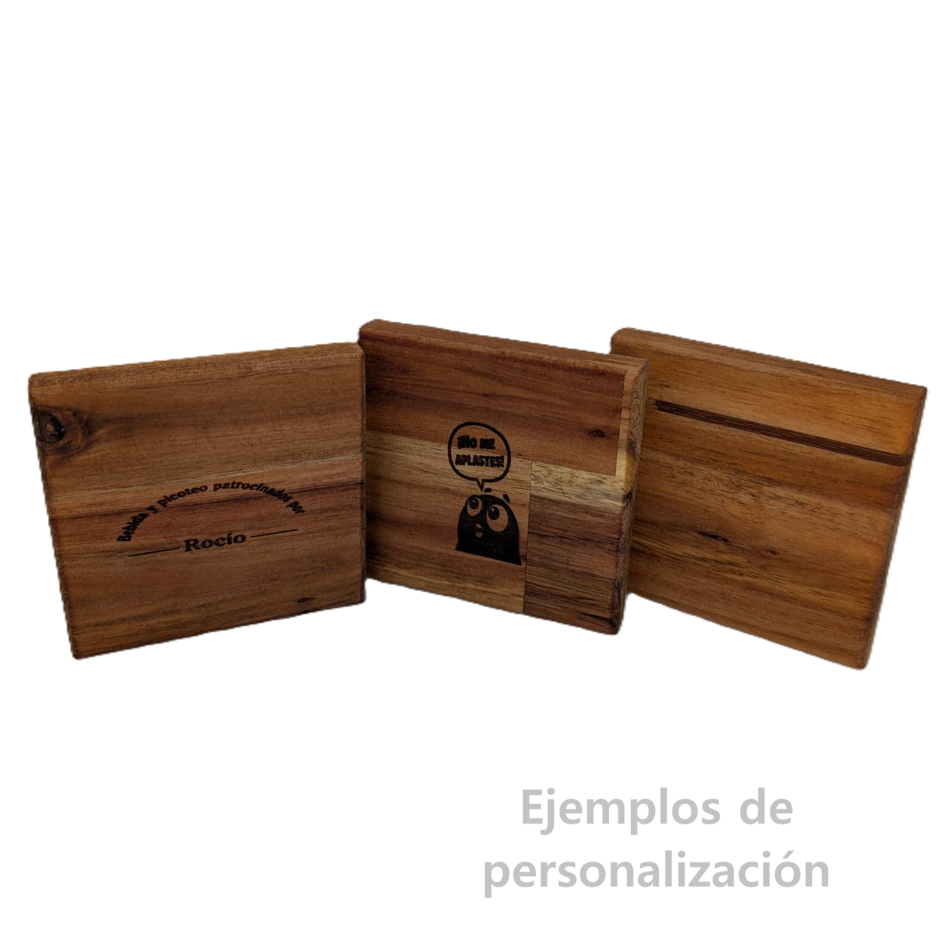 Posavasos Sombra personalizables con grabado láser. Crea un detalle único en madera de acacia. Un regalo original y artesanal.