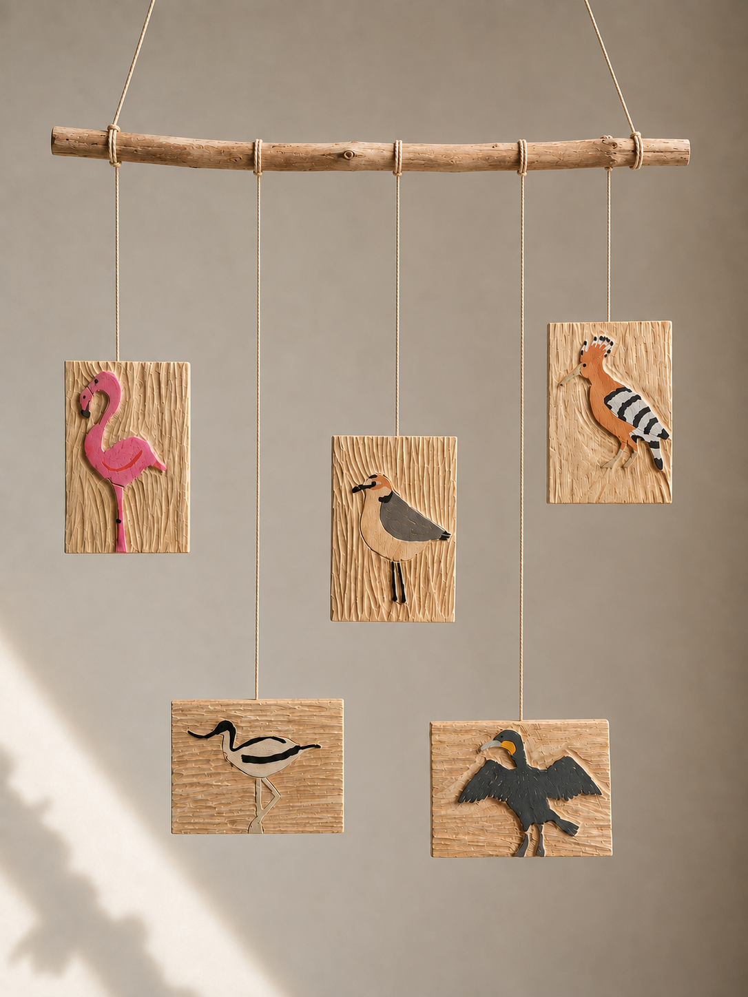 Móvil inspirado en las aves que habitan la provincia de Málaga. Tallado y pintado a mano por Siete Maderas. Contiene 5 aves diferentes y podrás ampliar la colección con tus aves preferidas. Detalle ave.